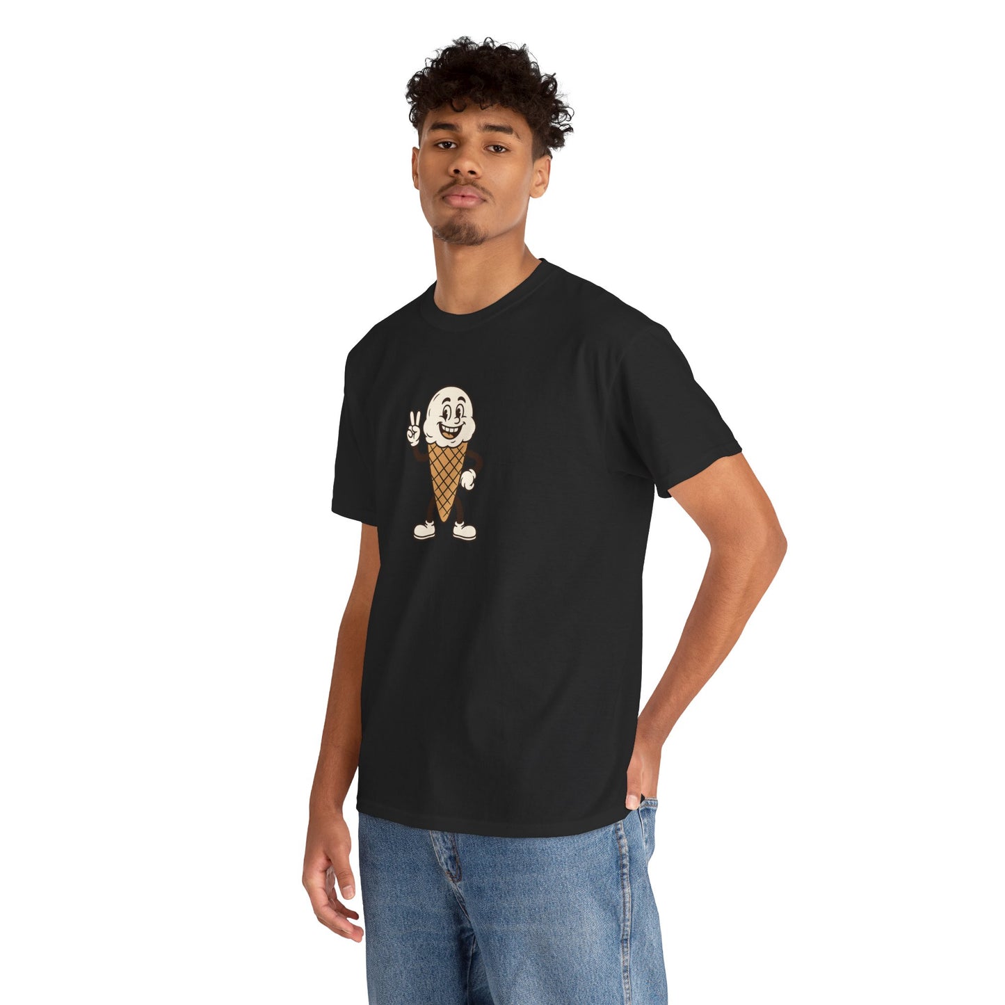 Man modeling black t-shirt with cute cartoon ice cream cone giving peace sign.