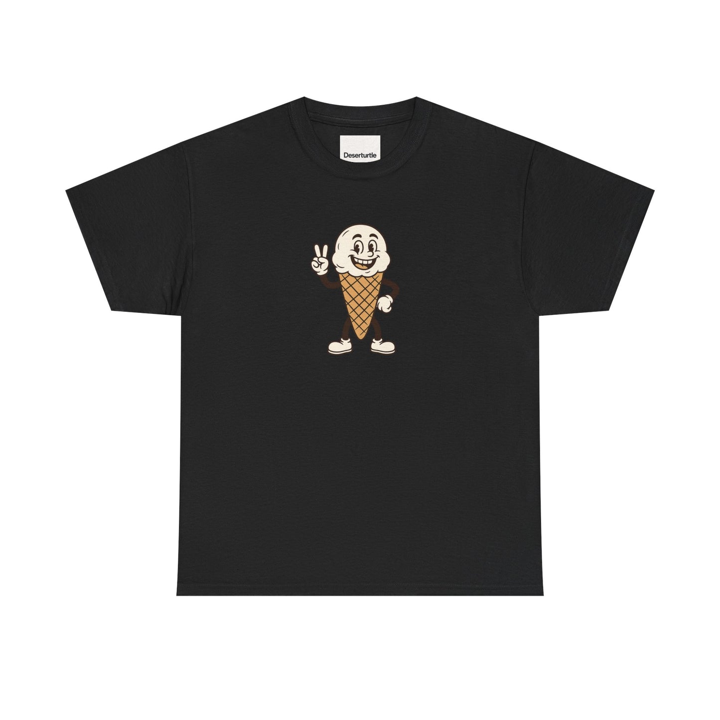 Flatlay of black t-shirt with cartoon ice cream cone character holding up peace sign on front