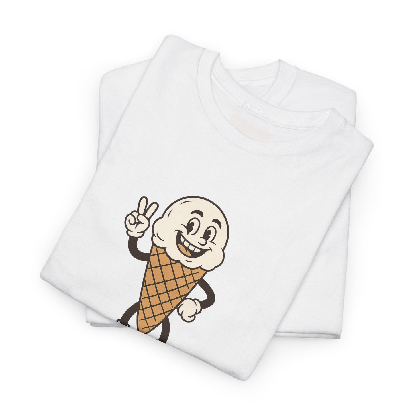 Folded white t-shirt with close-up of happy cartoon ice cream cone character